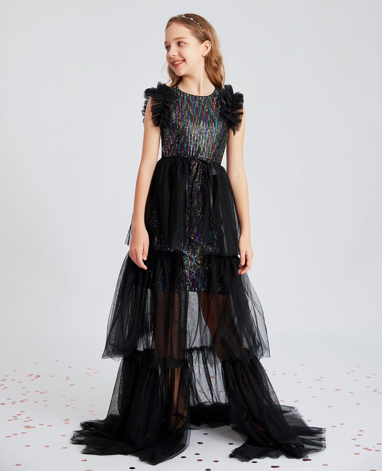 image:imageSparkleFancyyGliterFormalPartyChristmasFather and Daughter DancePromTulleRuffle SleeveDetachable MeshHomecomingBlack Multicolor