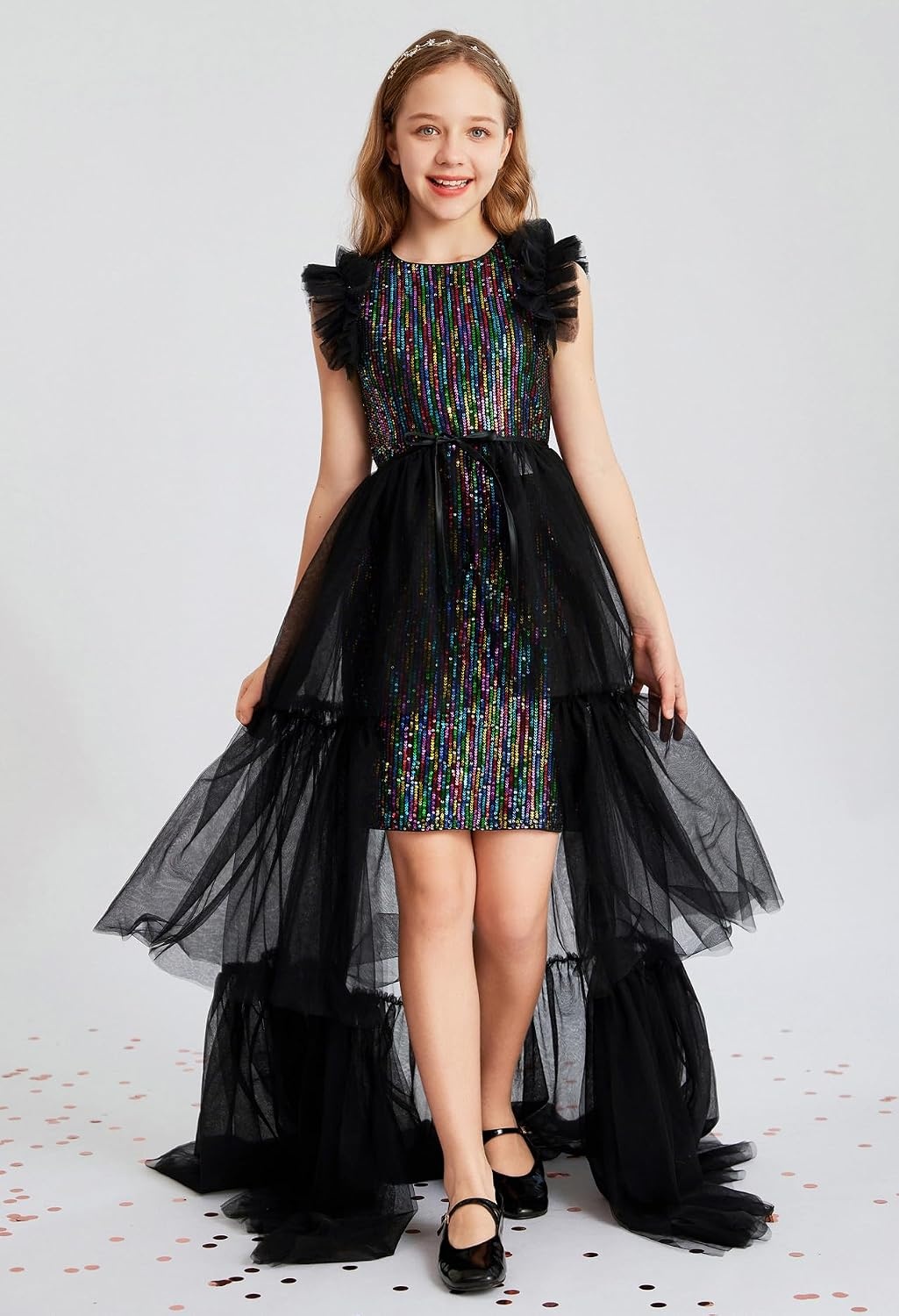 image:imageSparkleFancyyGliterFormalPartyChristmasFather and Daughter DancePromTulleRuffle SleeveDetachable MeshHomecomingBlack Multicolor