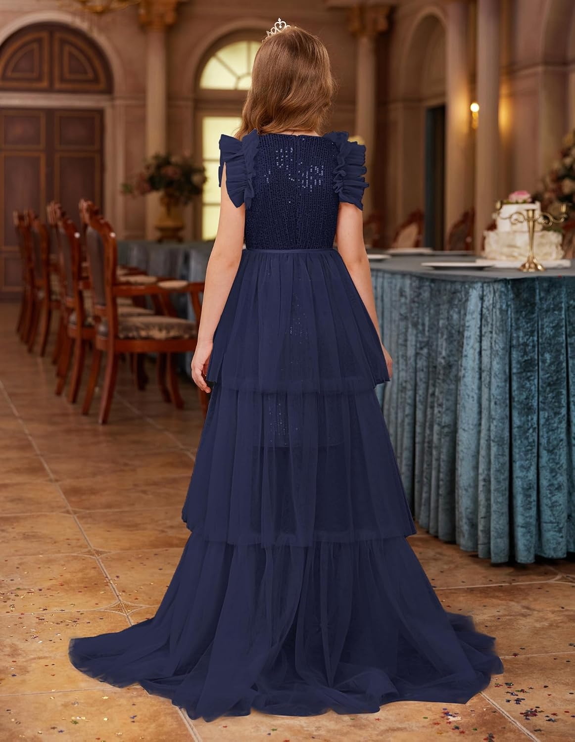 image:imageSparkleFancyyGliterFormalPartyChristmasFather and Daughter DancePromTulleRuffle SleeveDetachable MeshHomecomingDark Blue