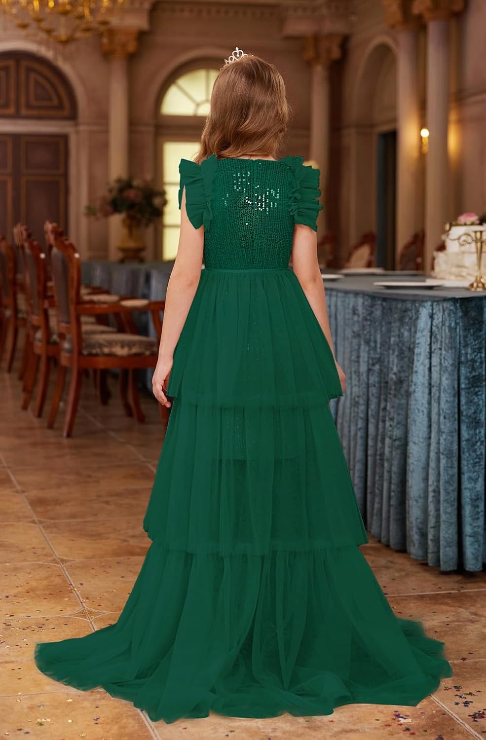 image:imageSparkleFancyyGliterFormalPartyChristmasFather and Daughter DancePromTulleRuffle SleeveDetachable MeshHomecomingGreen