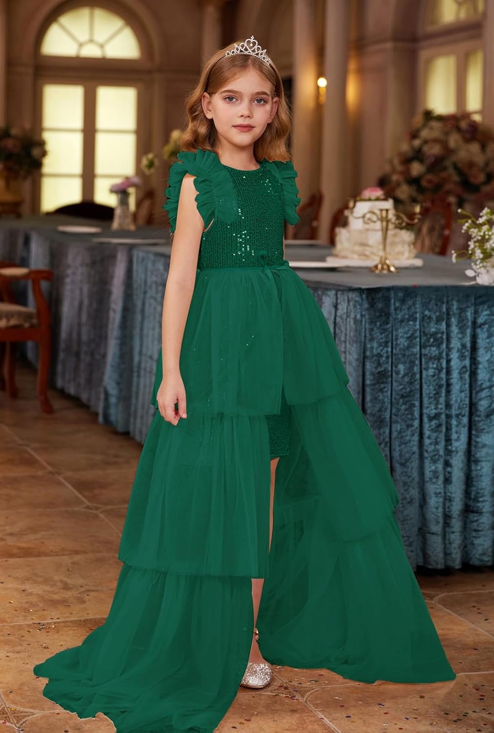 image:imageSparkleFancyyGliterFormalPartyChristmasFather and Daughter DancePromTulleRuffle SleeveDetachable MeshHomecomingGreen