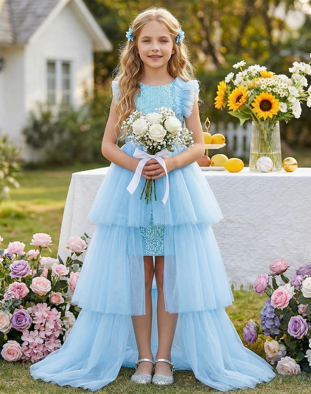 image:imageSparkleFancyyGliterFormalPartyChristmasFather and Daughter DancePromTulleRuffle SleeveDetachable MeshHomecomingLight Blue
