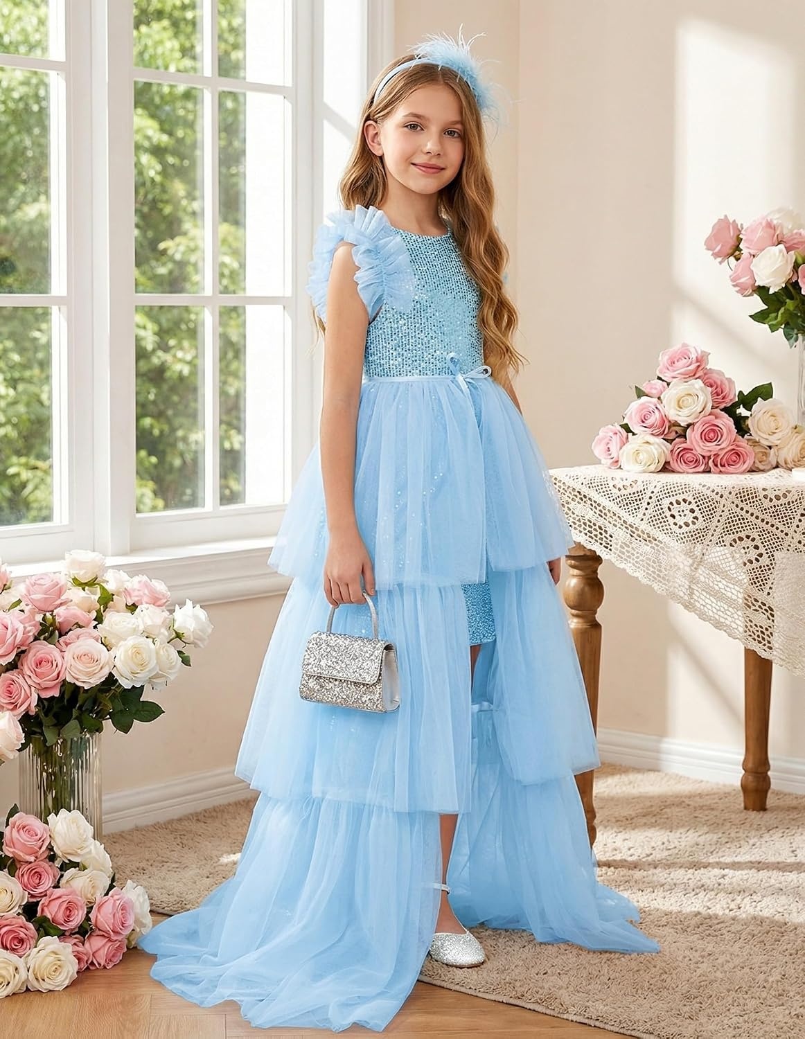 image:imageSparkleFancyyGliterFormalPartyChristmasFather and Daughter DancePromTulleRuffle SleeveDetachable MeshHomecomingLight Blue