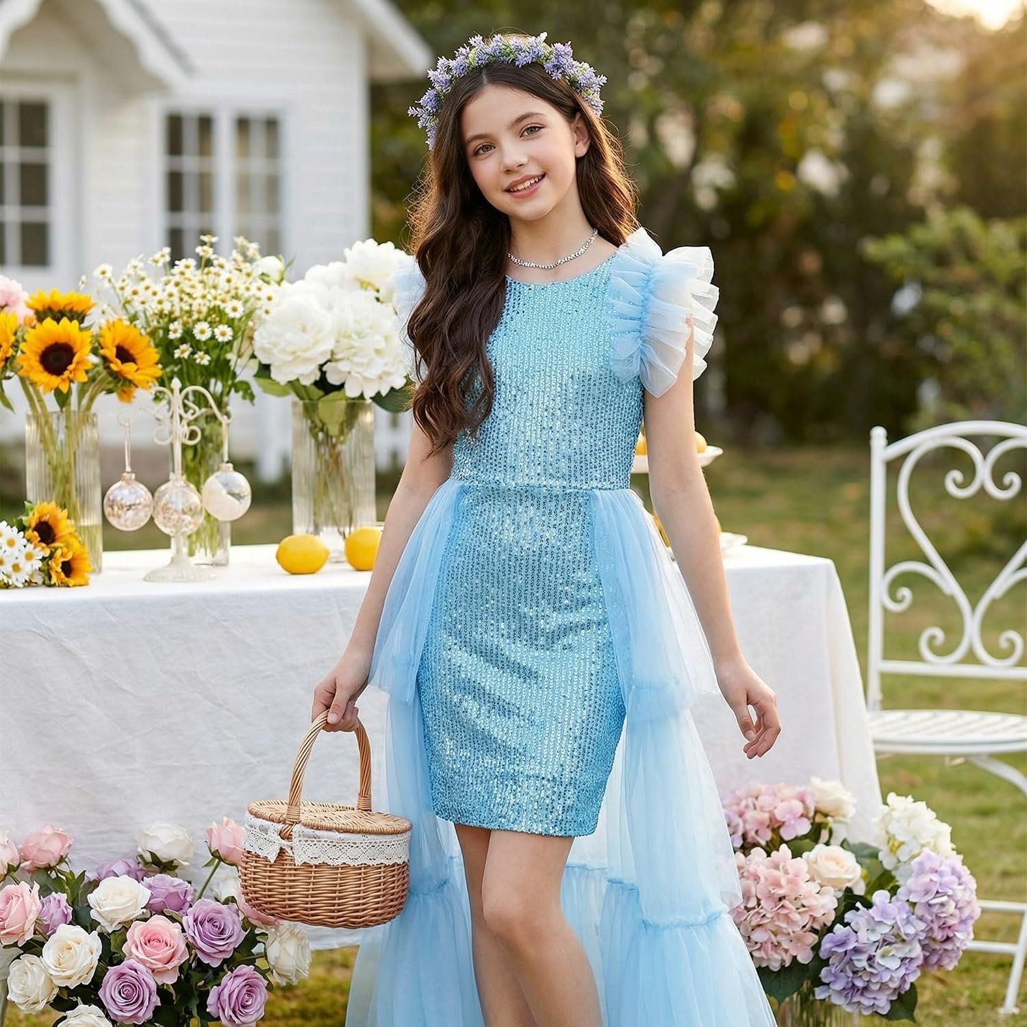 image:imageSparkleFancyyGliterFormalPartyChristmasFather and Daughter DancePromTulleRuffle SleeveDetachable MeshHomecomingLight Blue