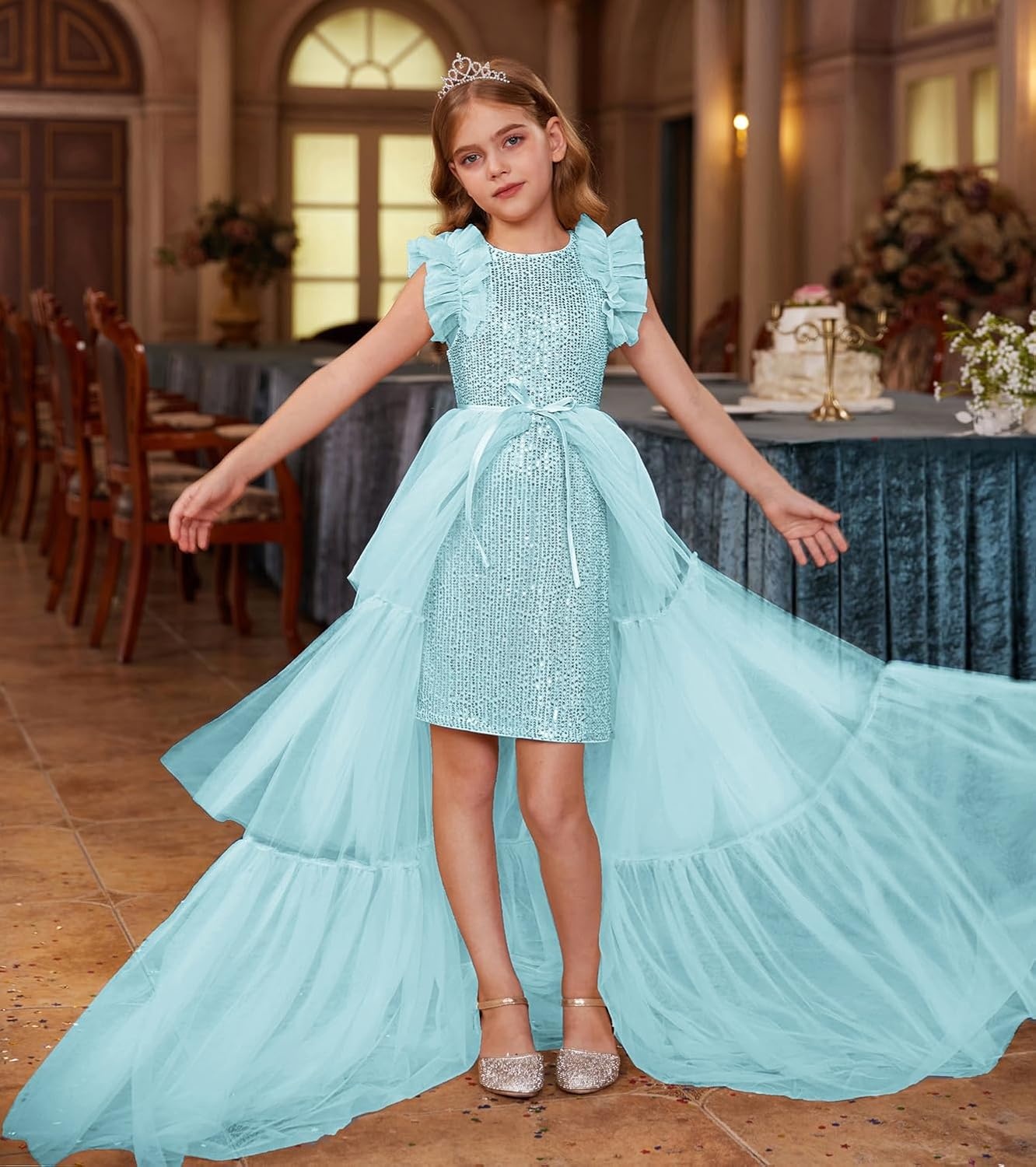 image:imageSparkleFancyyGliterFormalPartyChristmasFather and Daughter DancePromTulleRuffle SleeveDetachable MeshHomecomingLight Green