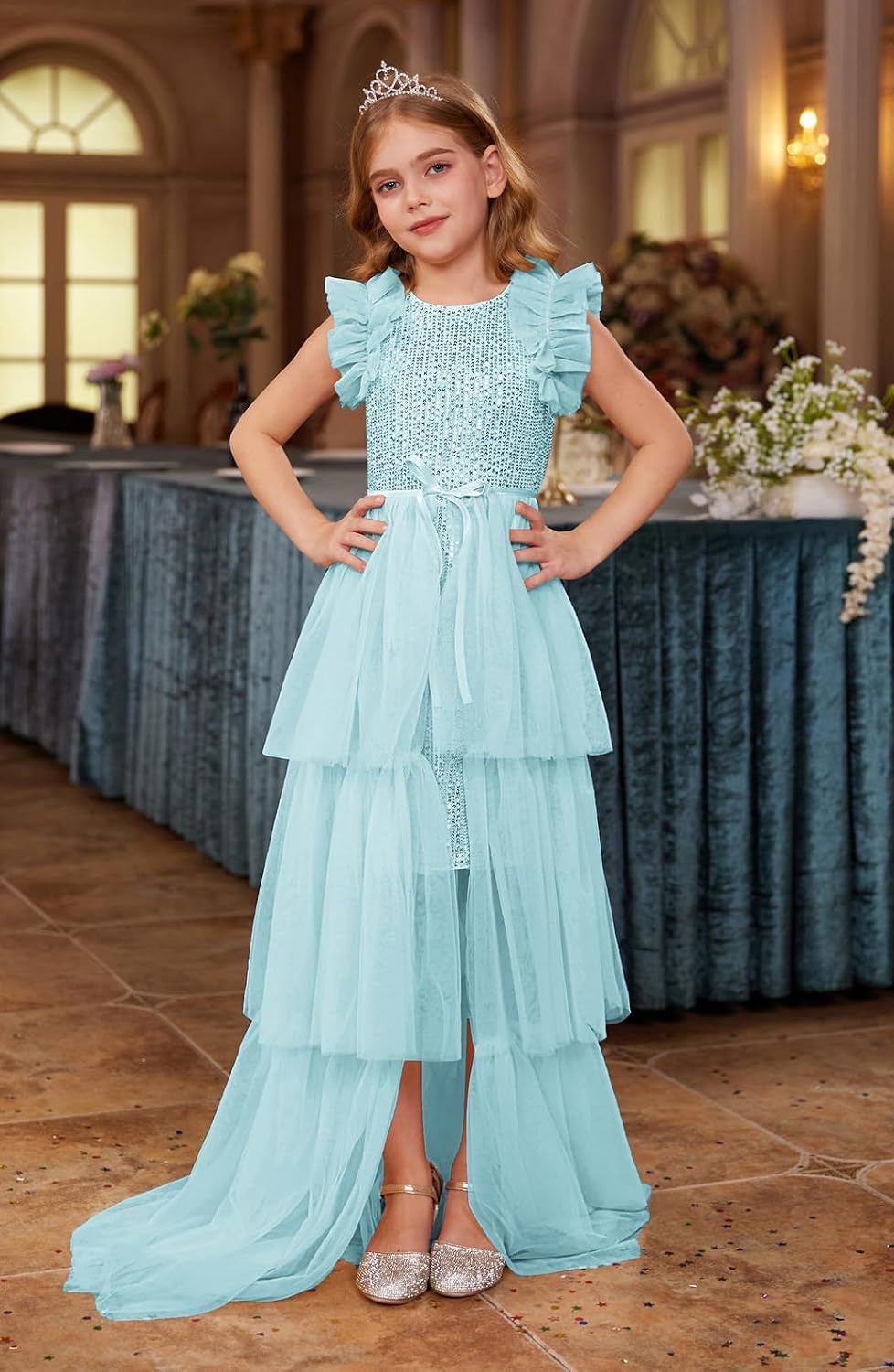 image:imageSparkleFancyyGliterFormalPartyChristmasFather and Daughter DancePromTulleRuffle SleeveDetachable MeshHomecomingLight Green