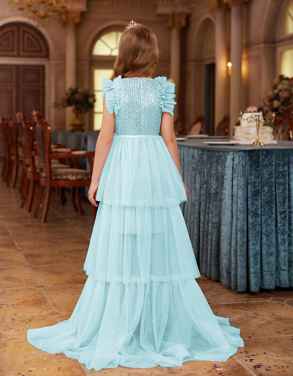 image:imageSparkleFancyyGliterFormalPartyChristmasFather and Daughter DancePromTulleRuffle SleeveDetachable MeshHomecomingLight Green