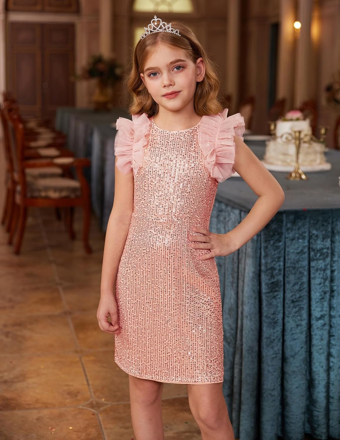 image:imageSparkleFancyyGliterFormalPartyChristmasFather and Daughter DancePromTulleRuffle SleeveDetachable MeshHomecomingLight Pink