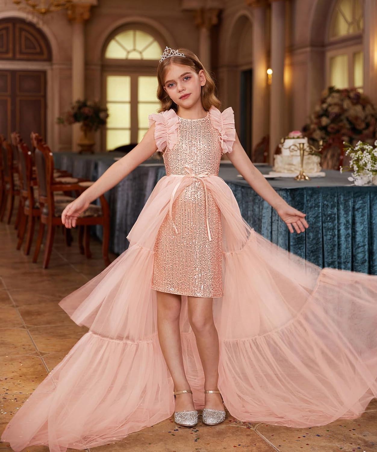 image:imageSparkleFancyyGliterFormalPartyChristmasFather and Daughter DancePromTulleRuffle SleeveDetachable MeshHomecomingLight Pink