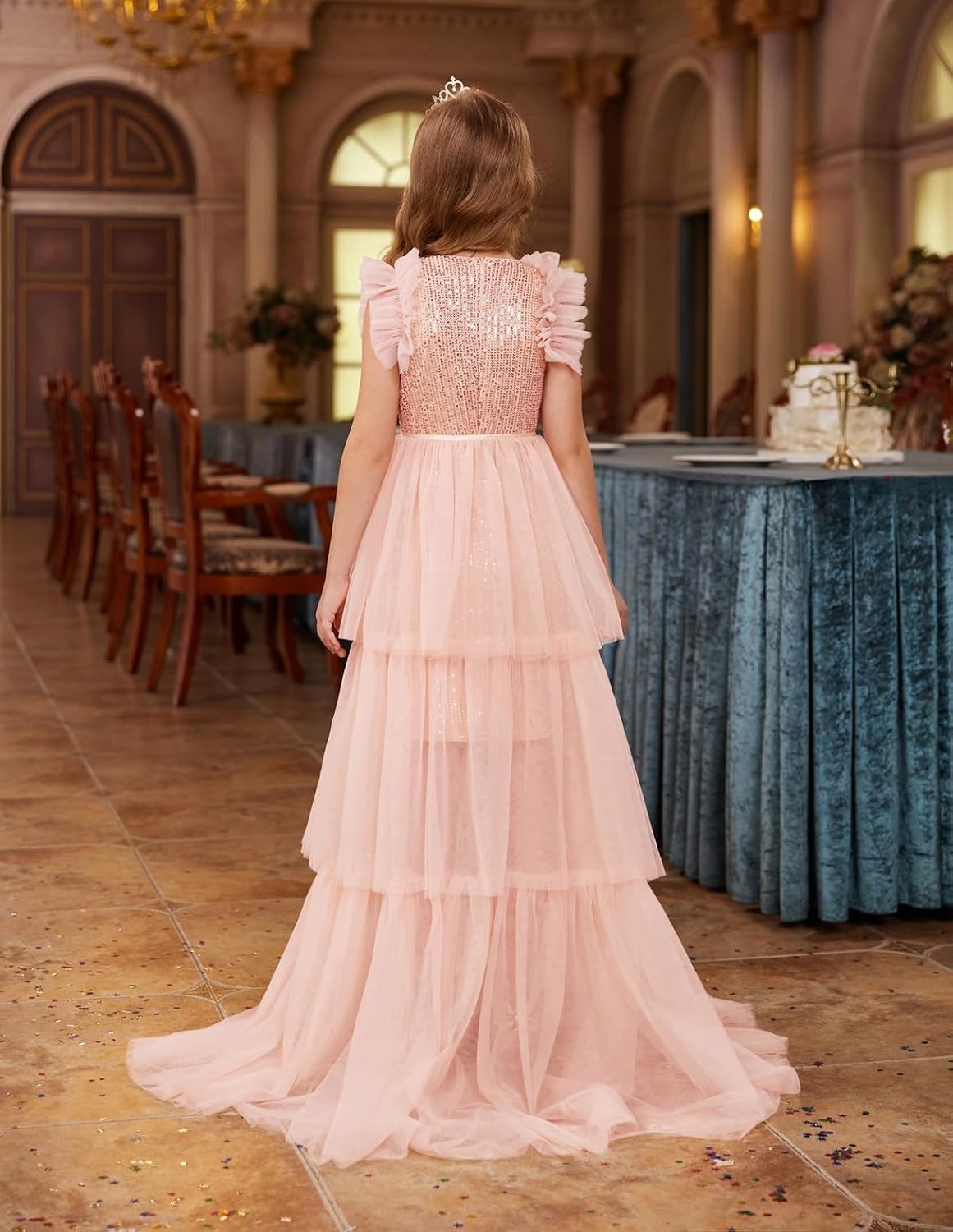 image:imageSparkleFancyyGliterFormalPartyChristmasFather and Daughter DancePromTulleRuffle SleeveDetachable MeshHomecomingLight Pink