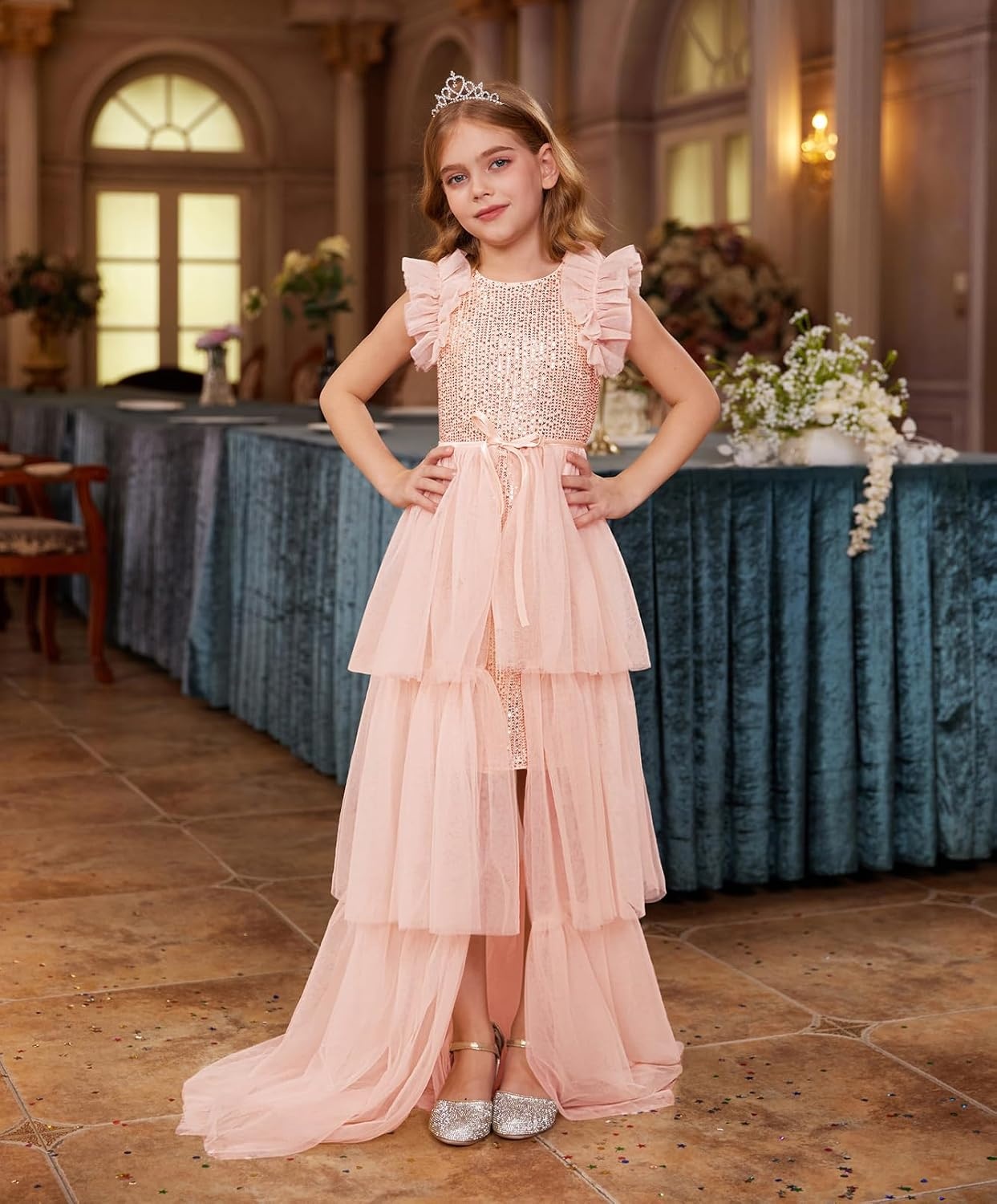image:imageSparkleFancyyGliterFormalPartyChristmasFather and Daughter DancePromTulleRuffle SleeveDetachable MeshHomecomingLight Pink