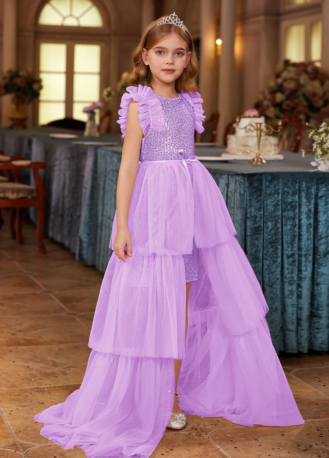 image:imageSparkleFancyyGliterFormalPartyChristmasFather and Daughter DancePromTulleRuffle SleeveDetachable MeshHomecomingLight Purple