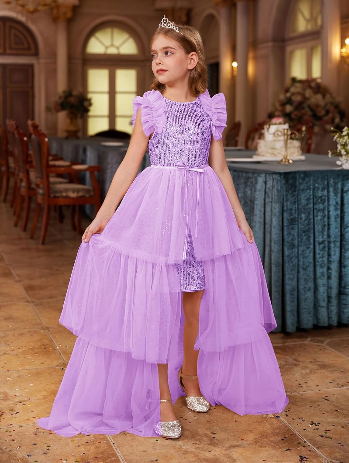 image:imageSparkleFancyyGliterFormalPartyChristmasFather and Daughter DancePromTulleRuffle SleeveDetachable MeshHomecomingLight Purple