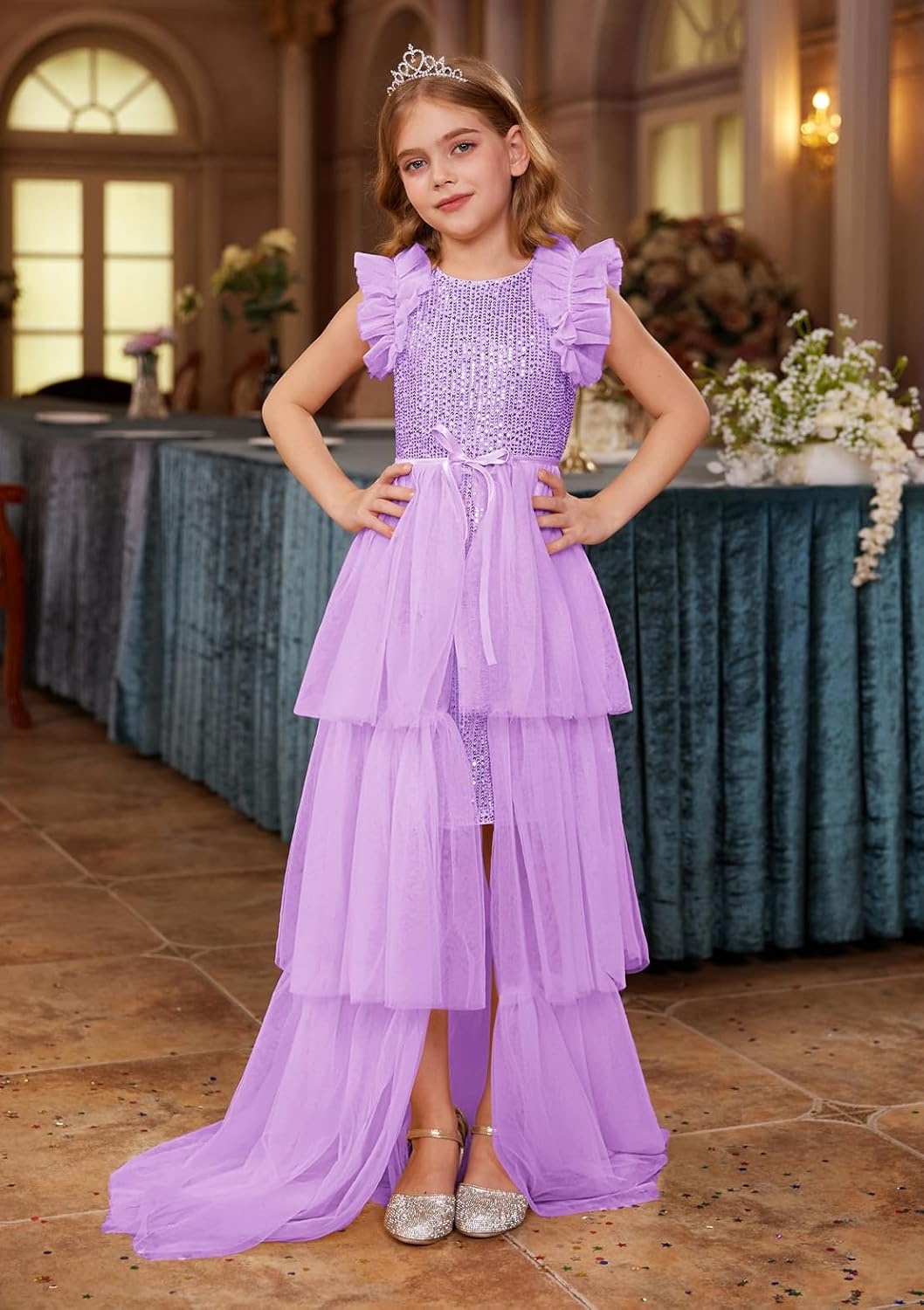 image:imageSparkleFancyyGliterFormalPartyChristmasFather and Daughter DancePromTulleRuffle SleeveDetachable MeshHomecomingLight Purple