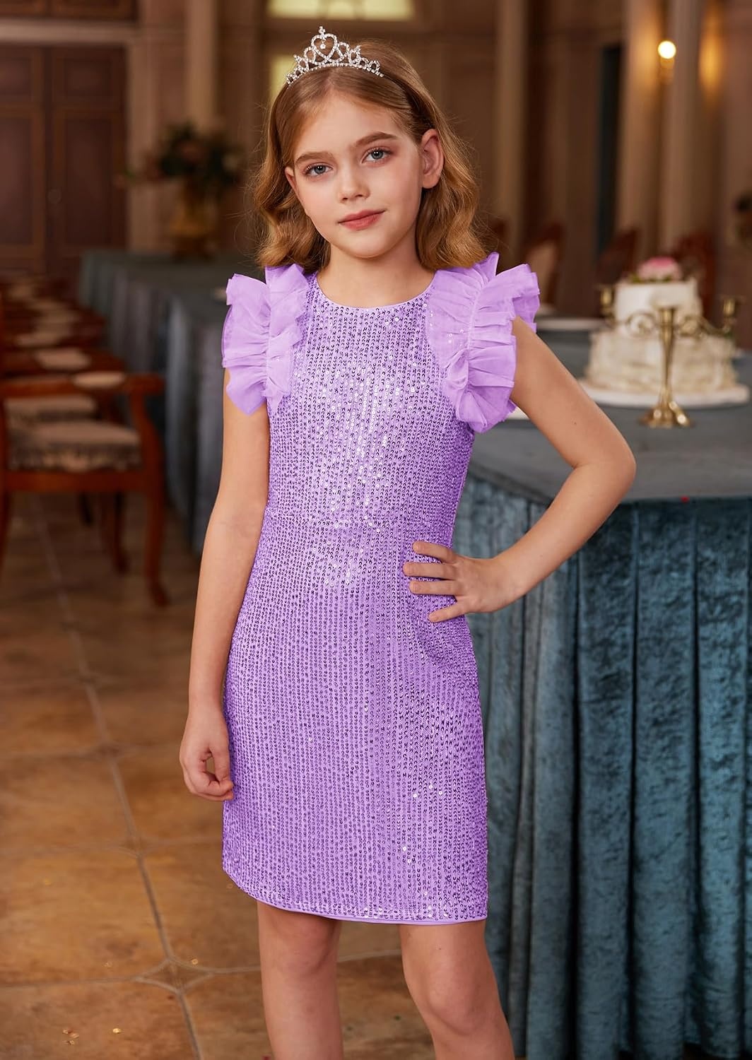 image:imageSparkleFancyyGliterFormalPartyChristmasFather and Daughter DancePromTulleRuffle SleeveDetachable MeshHomecomingLight Purple