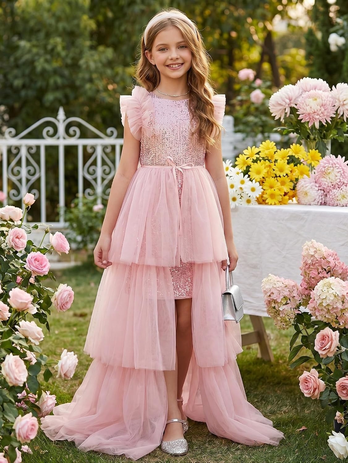 image:imageSparkleFancyyGliterFormalPartyChristmasFather and Daughter DancePromTulleRuffle SleeveDetachable MeshHomecomingPink