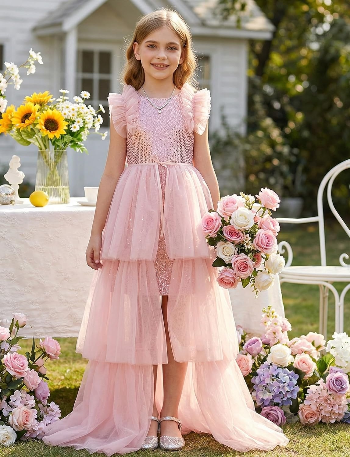 image:imageSparkleFancyyGliterFormalPartyChristmasFather and Daughter DancePromTulleRuffle SleeveDetachable MeshHomecomingPink