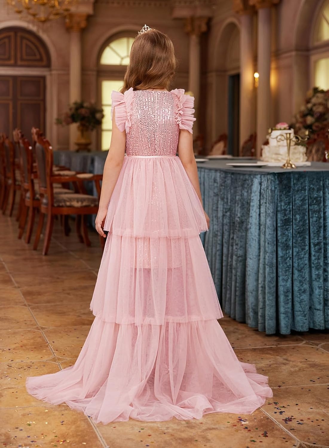image:imageSparkleFancyyGliterFormalPartyChristmasFather and Daughter DancePromTulleRuffle SleeveDetachable MeshHomecomingPink