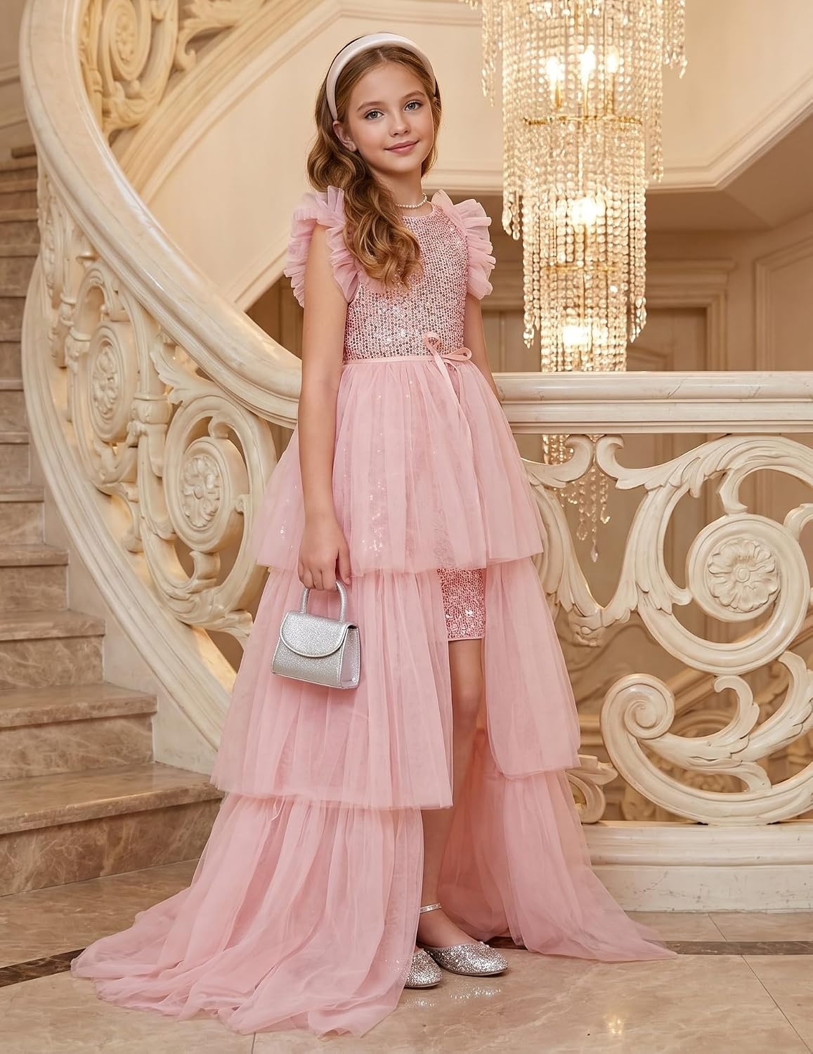 image:imageSparkleFancyyGliterFormalPartyChristmasFather and Daughter DancePromTulleRuffle SleeveDetachable MeshHomecomingPink