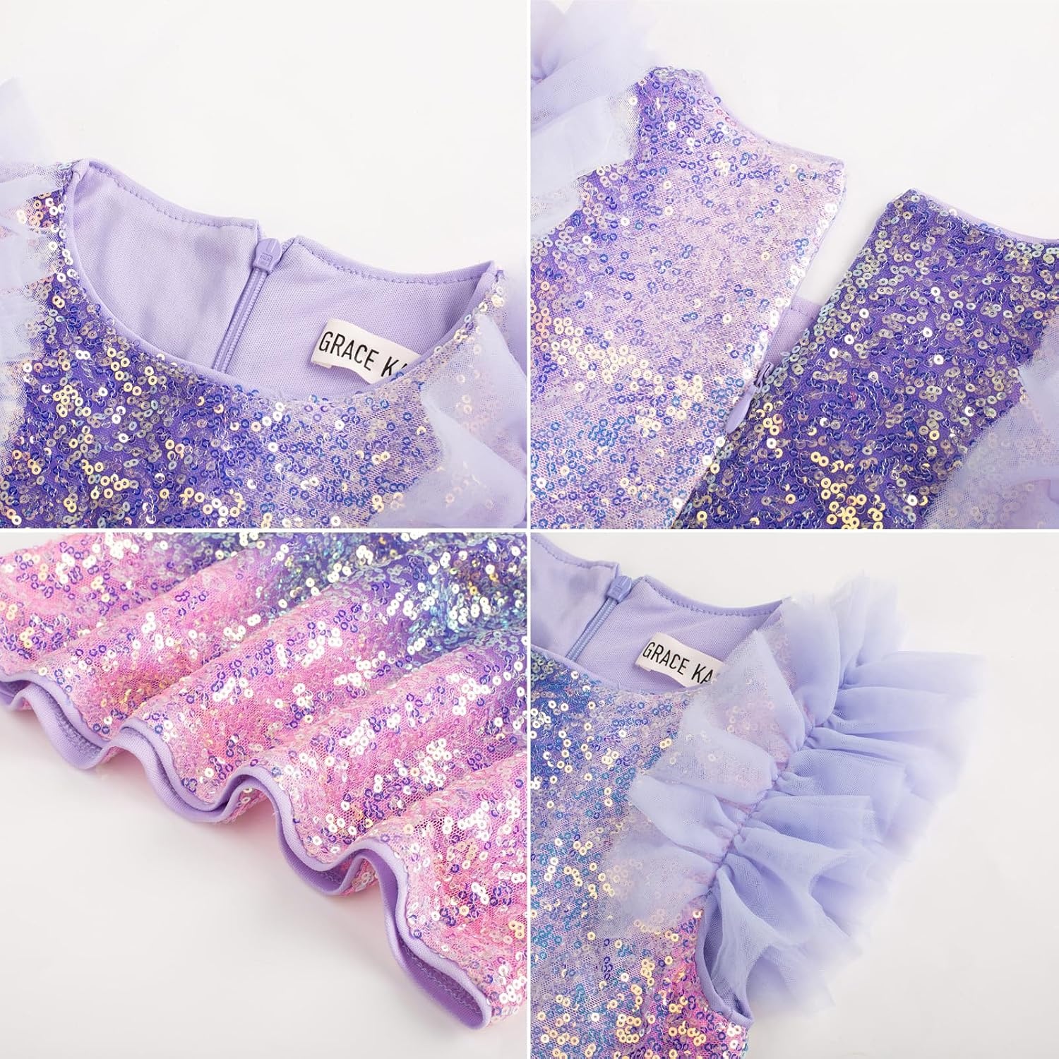 image:imageSparkleFancyyGliterFormalPartyChristmasFather and Daughter DancePromTulleRuffle SleeveDetachable MeshHomecomingPurple Multicolor