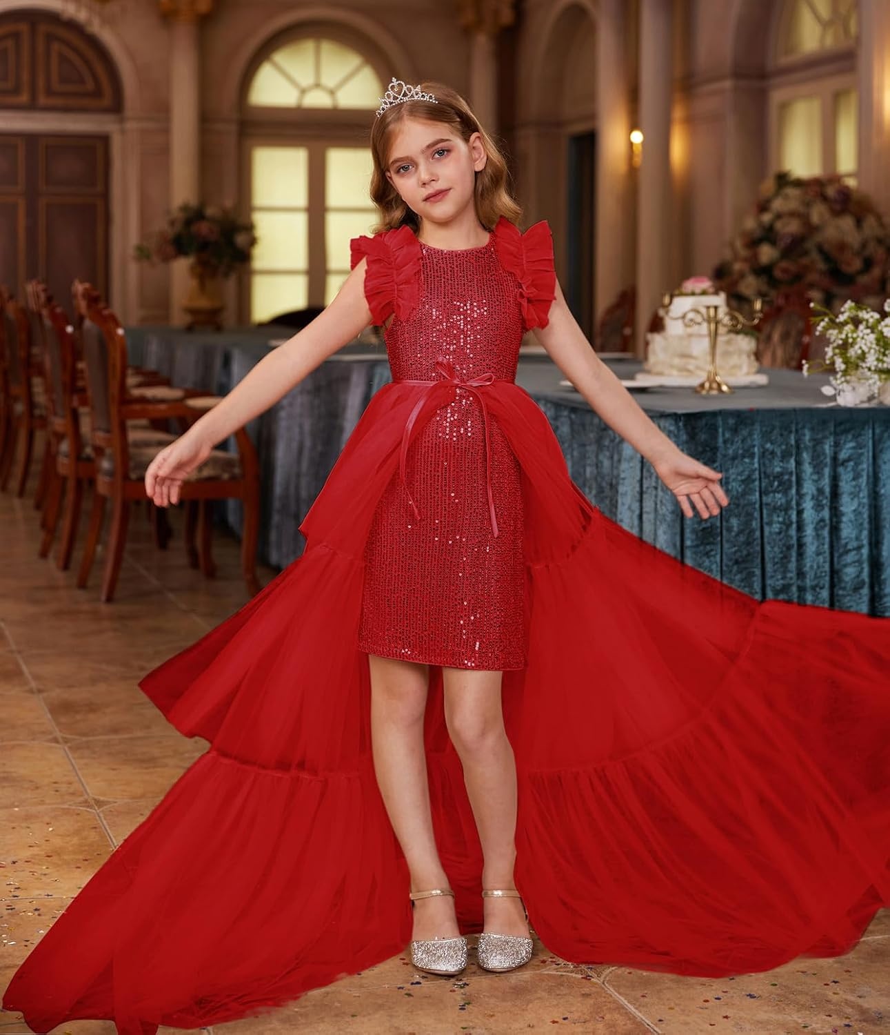 image:imageSparkleFancyyGliterFormalPartyChristmasFather and Daughter DancePromTulleRuffle SleeveDetachable MeshHomecomingRed