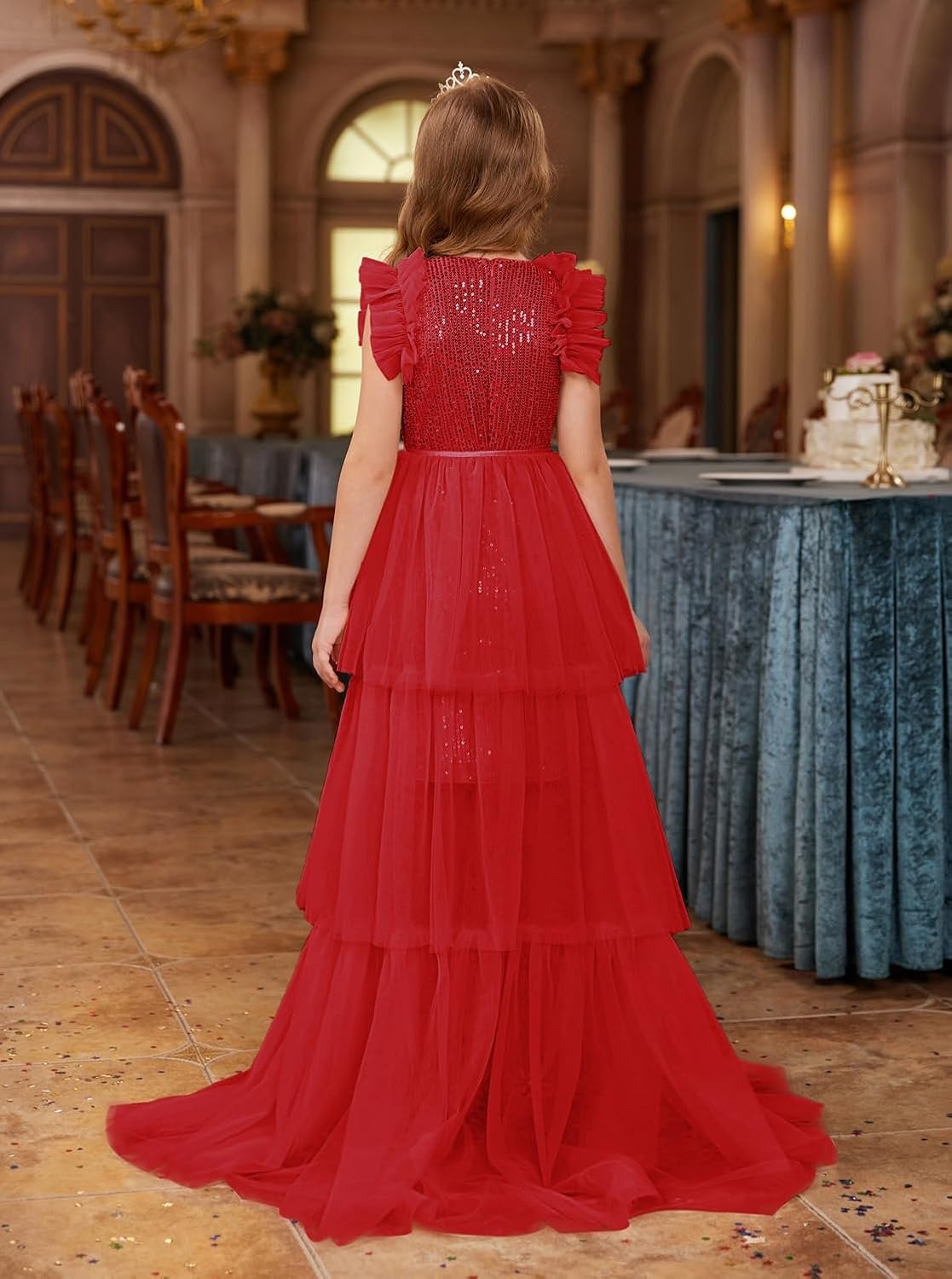 image:imageSparkleFancyyGliterFormalPartyChristmasFather and Daughter DancePromTulleRuffle SleeveDetachable MeshHomecomingRed