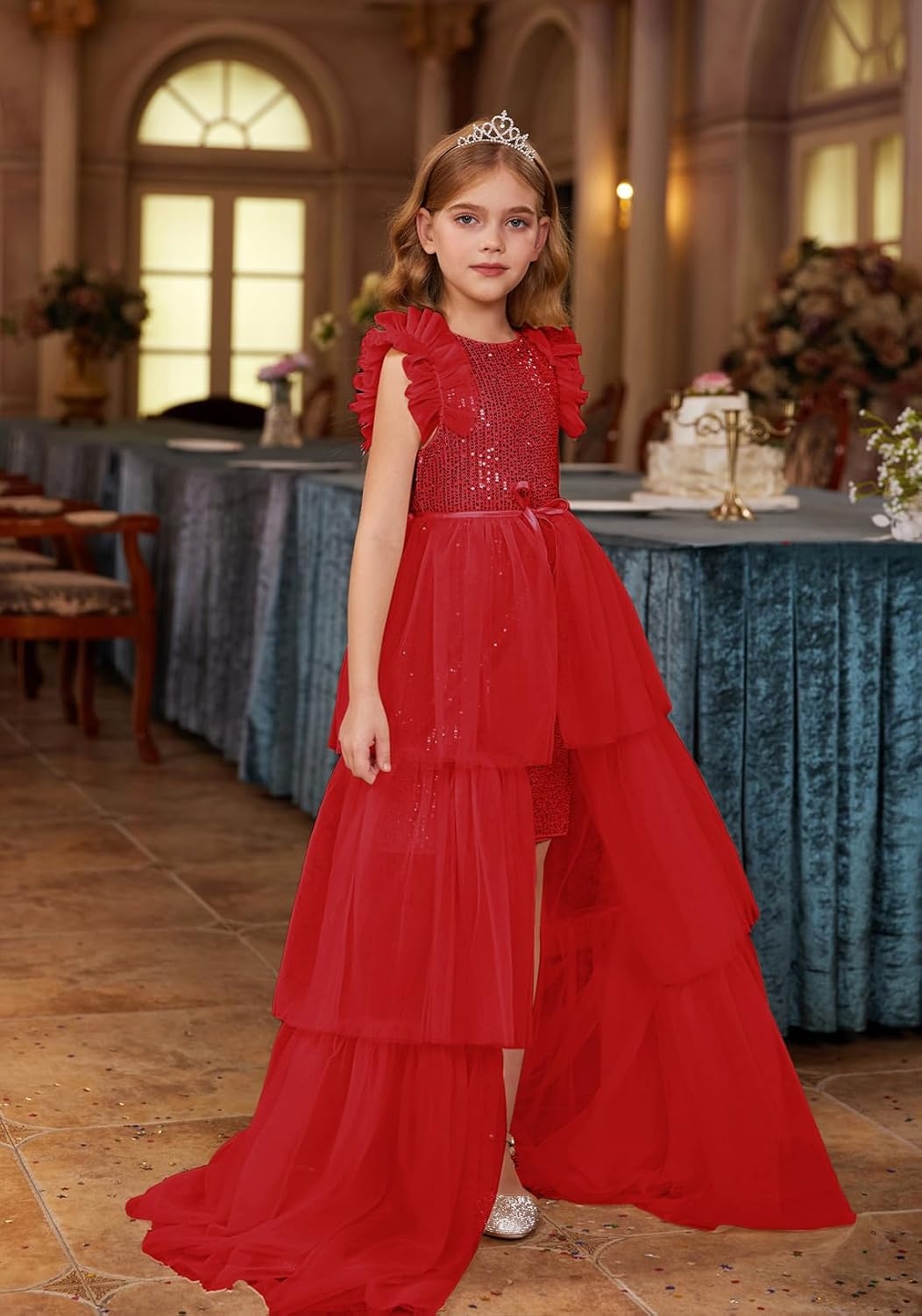 image:imageSparkleFancyyGliterFormalPartyChristmasFather and Daughter DancePromTulleRuffle SleeveDetachable MeshHomecomingRed
