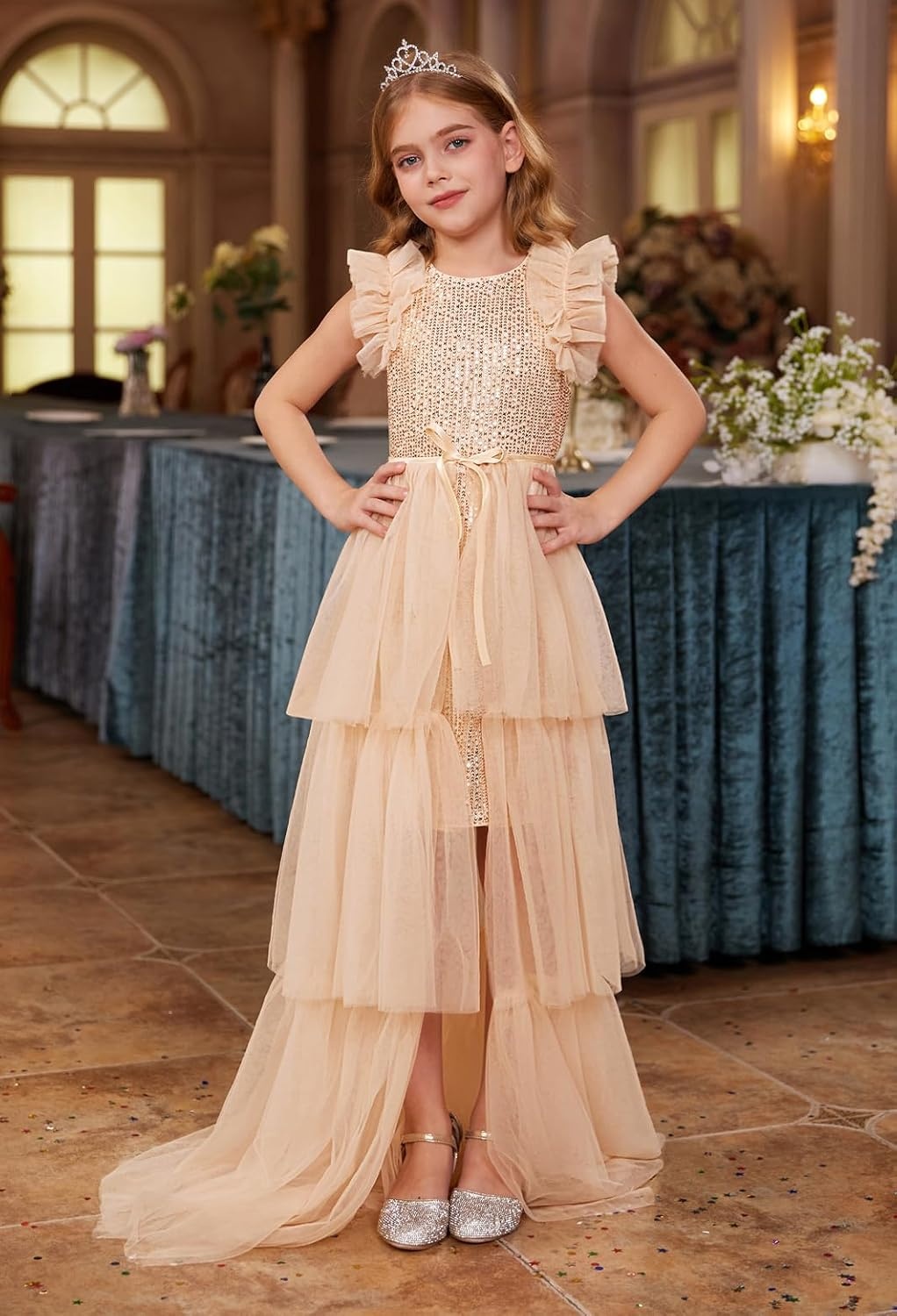 image:imageSparkleFancyyGliterFormalPartyChristmasFather and Daughter DancePromTulleRuffle SleeveDetachable MeshHomecomingRose Gold