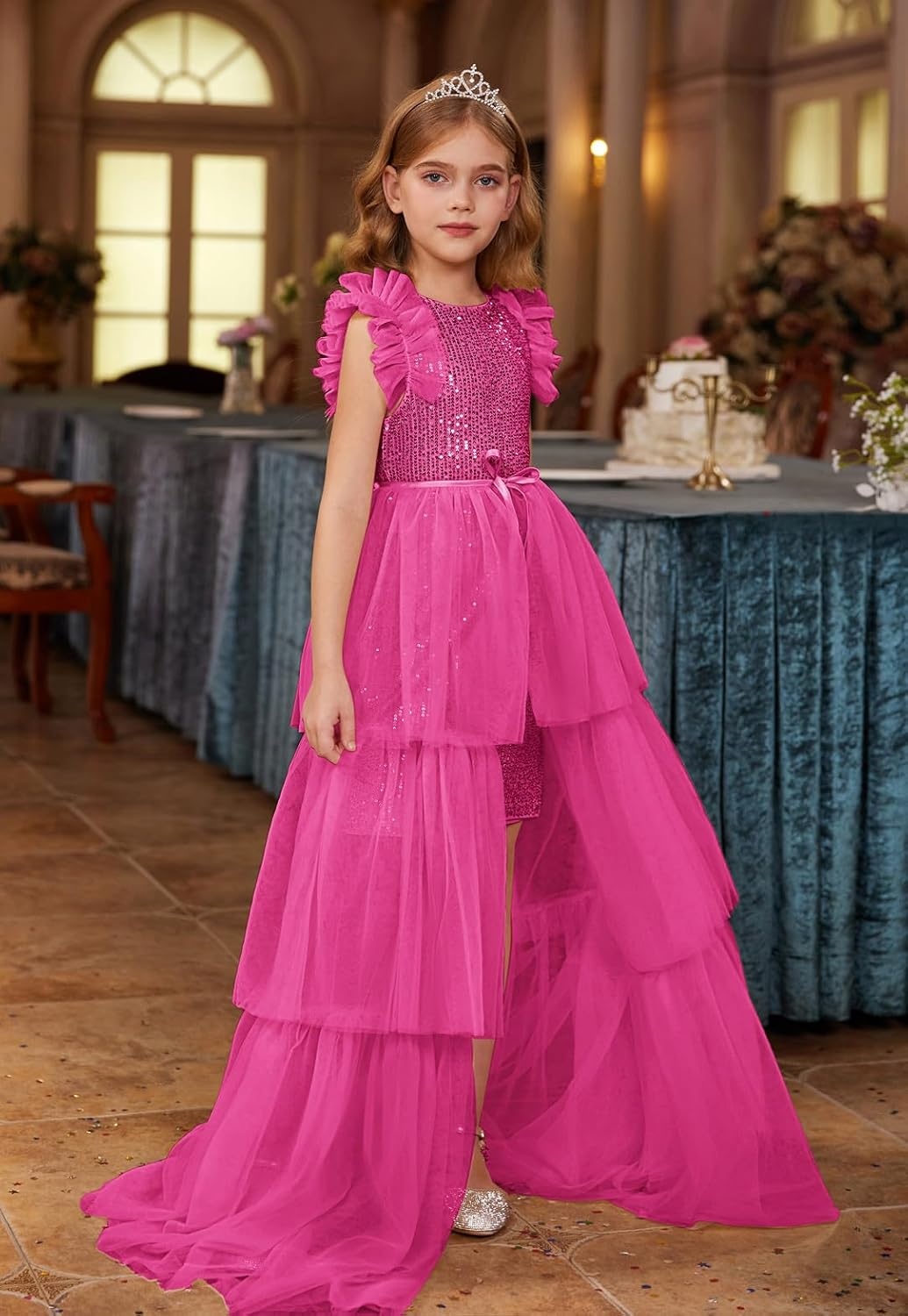 image:imageSparkleFancyyGliterFormalPartyChristmasFather and Daughter DancePromTulleRuffle SleeveDetachable MeshHomecomingRose Red