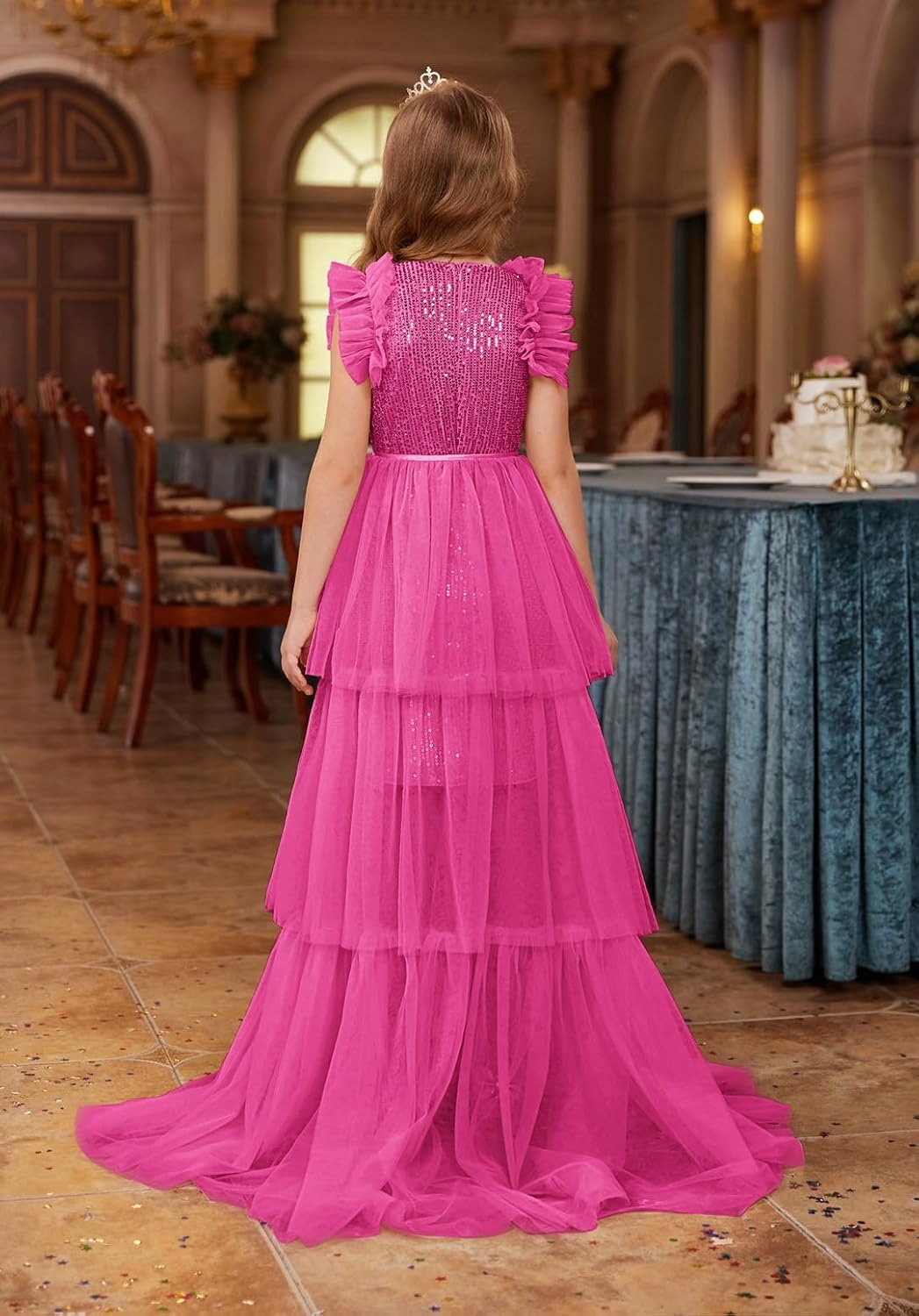 image:imageSparkleFancyyGliterFormalPartyChristmasFather and Daughter DancePromTulleRuffle SleeveDetachable MeshHomecomingRose Red