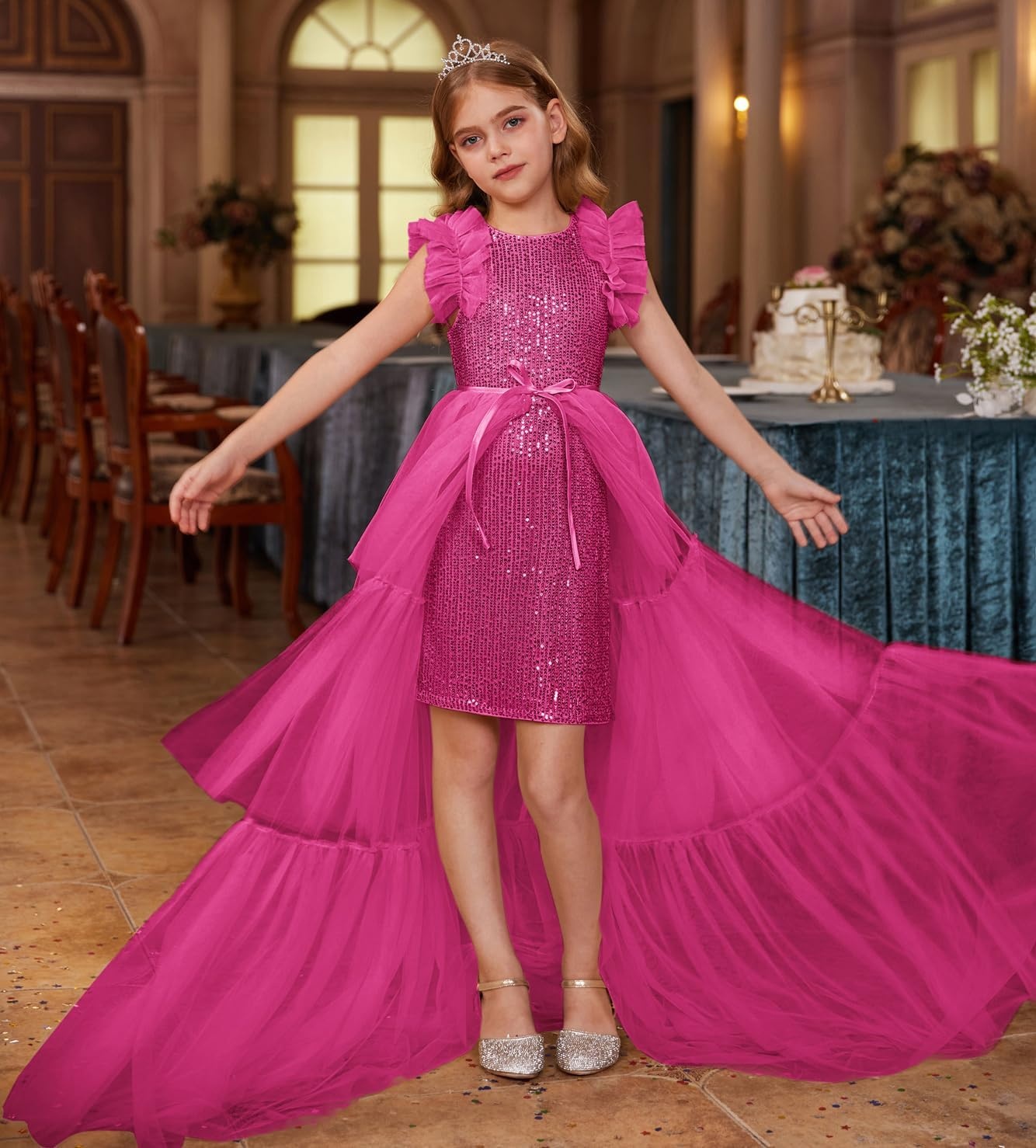image:imageSparkleFancyyGliterFormalPartyChristmasFather and Daughter DancePromTulleRuffle SleeveDetachable MeshHomecomingRose Red