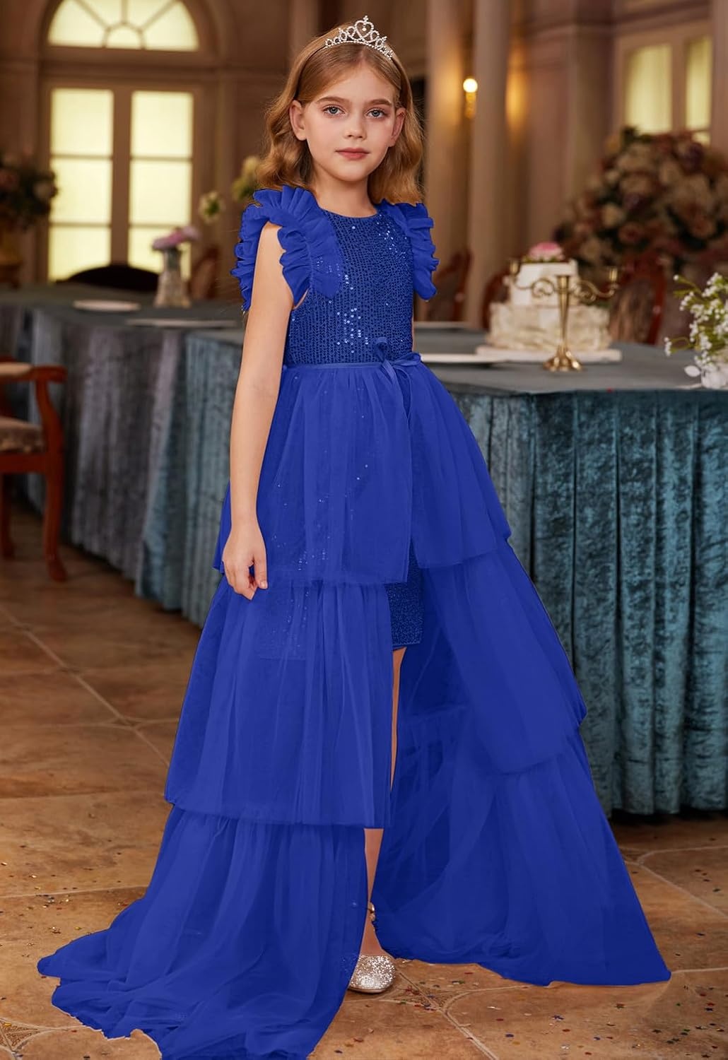 image:imageSparkleFancyyGliterFormalPartyChristmasFather and Daughter DancePromTulleRuffle SleeveDetachable MeshHomecomingRoyal Blue