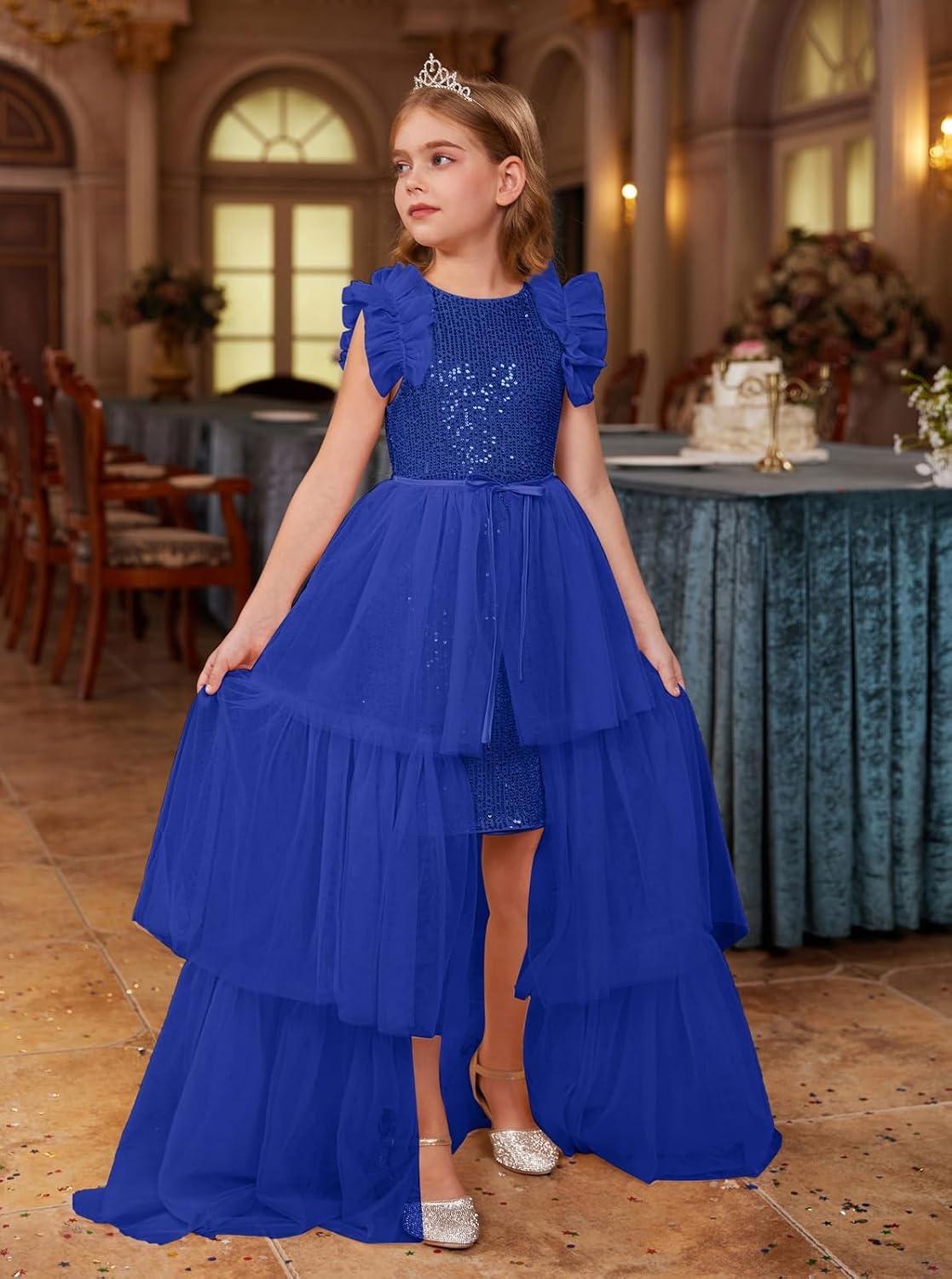 image:imageSparkleFancyyGliterFormalPartyChristmasFather and Daughter DancePromTulleRuffle SleeveDetachable MeshHomecomingRoyal Blue