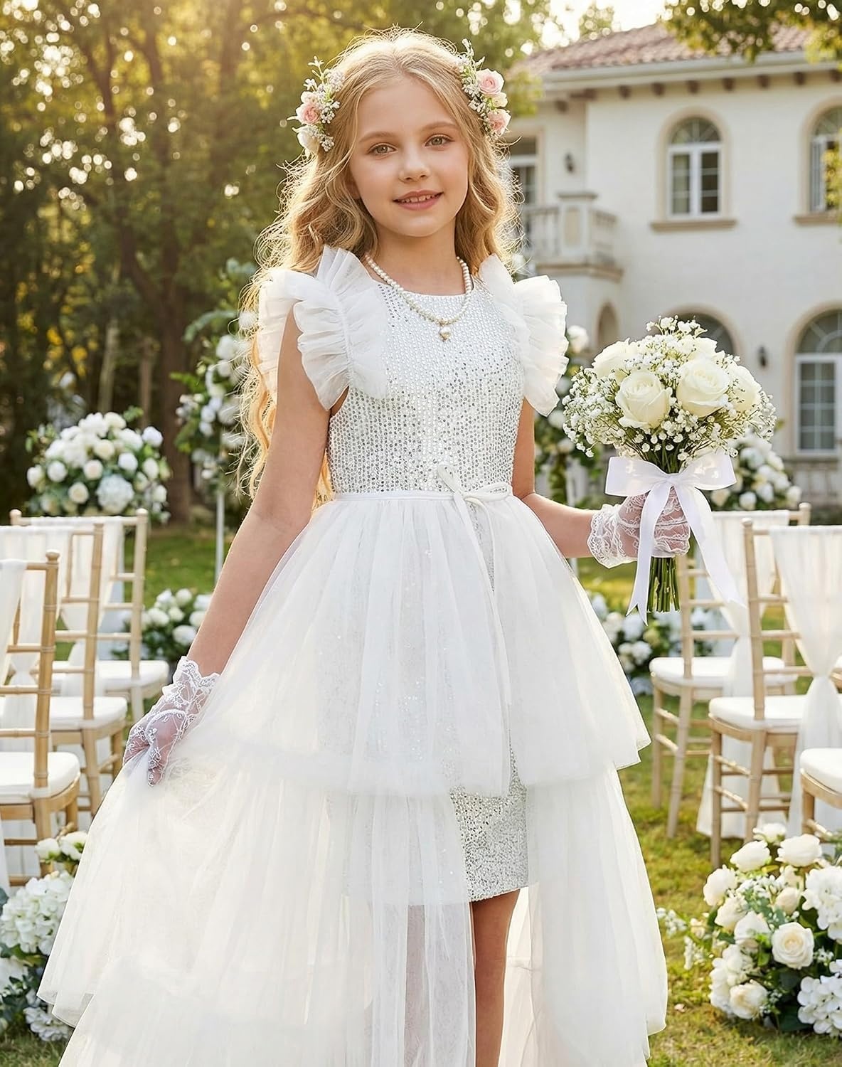 image:imageSparkleFancyyGliterFormalPartyChristmasFather and Daughter DancePromTulleRuffle SleeveDetachable MeshHomecomingSilver