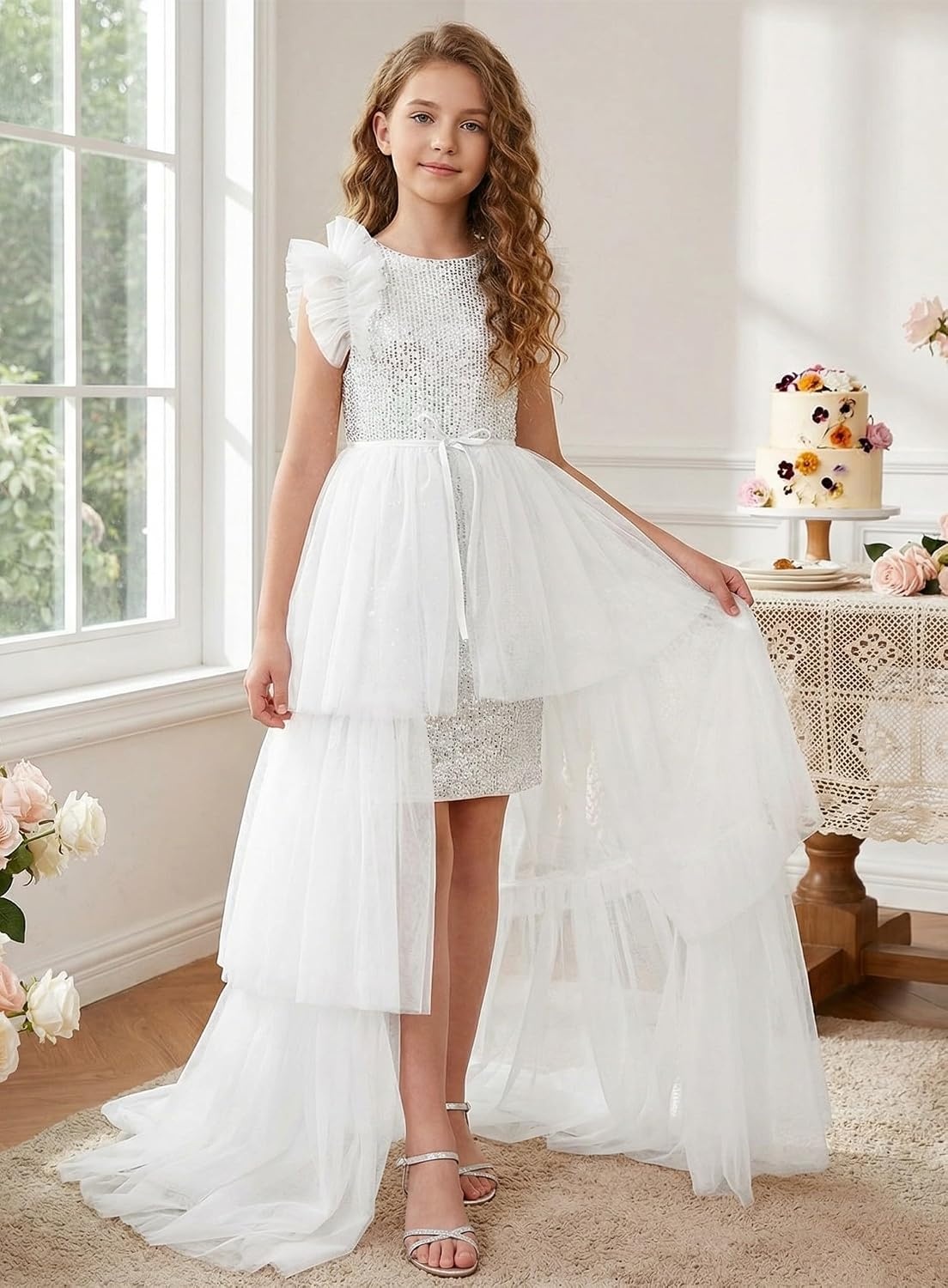 image:imageSparkleFancyyGliterFormalPartyChristmasFather and Daughter DancePromTulleRuffle SleeveDetachable MeshHomecomingSilver