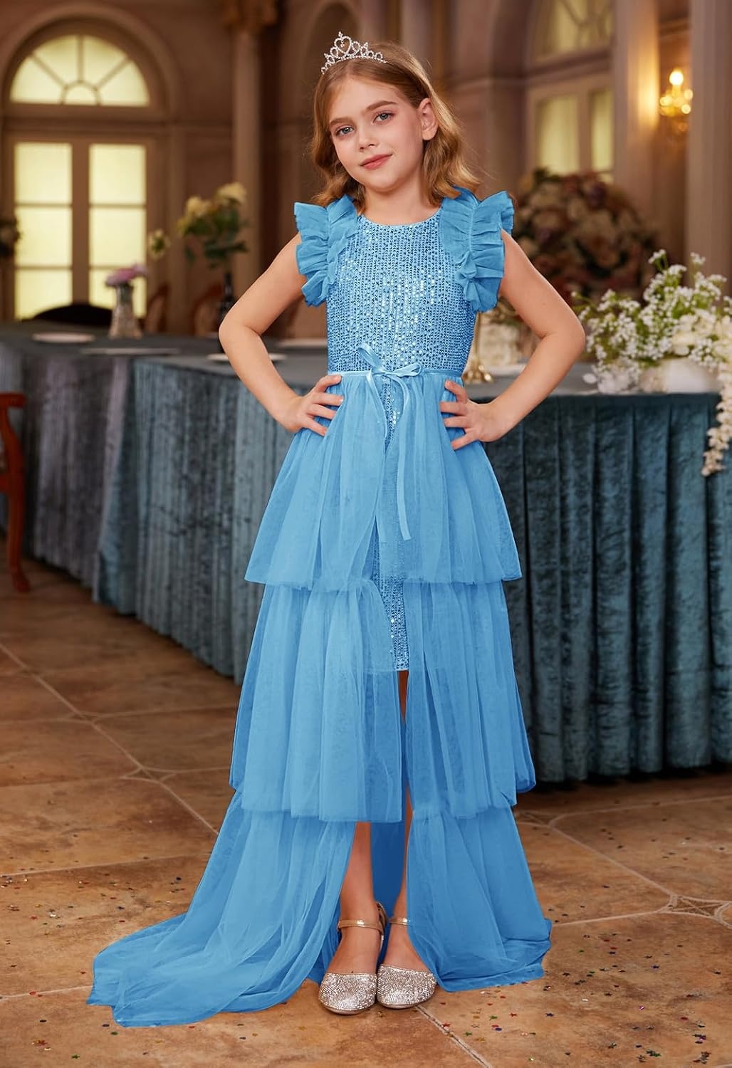 image:imageSparkleFancyyGliterFormalPartyChristmasFather and Daughter DancePromTulleRuffle SleeveDetachable MeshHomecomingSky Blue