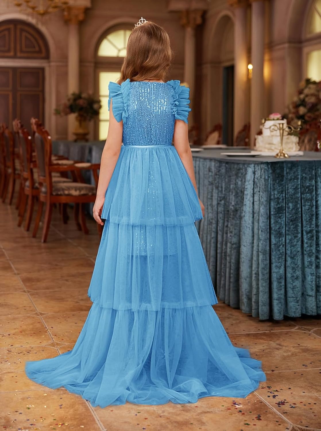 image:imageSparkleFancyyGliterFormalPartyChristmasFather and Daughter DancePromTulleRuffle SleeveDetachable MeshHomecomingSky Blue