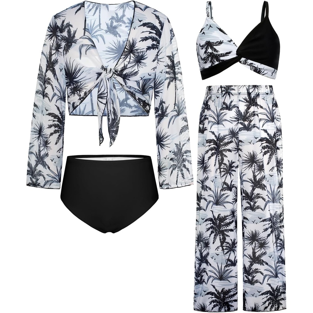 image:imageGRACE KARIN Girls 4 Piece Tankini Bikini Bathing Swimsuit with Pants 716Blackcoconut Tree