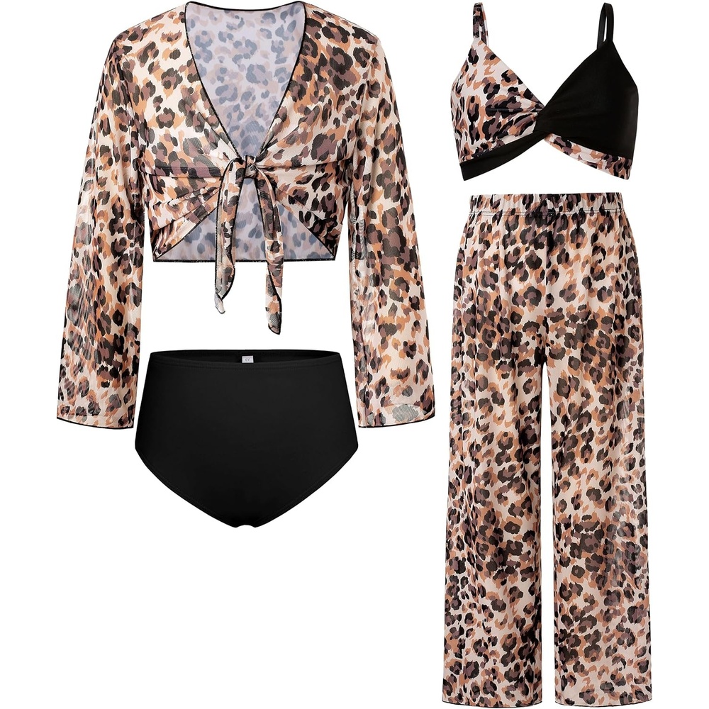 image:imageGRACE KARIN Girls 4 Piece Tankini Bikini Bathing Swimsuit with Pants 716Blackleopard