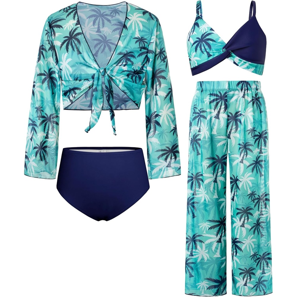 image:imageGRACE KARIN Girls 4 Piece Tankini Bikini Bathing Swimsuit with Pants 716Bluecoconut Tree New