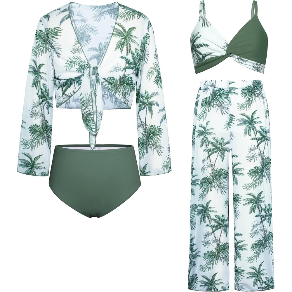 image:imageGRACE KARIN Girls 4 Piece Tankini Bikini Bathing Swimsuit with Pants 716Greencoconut Tree