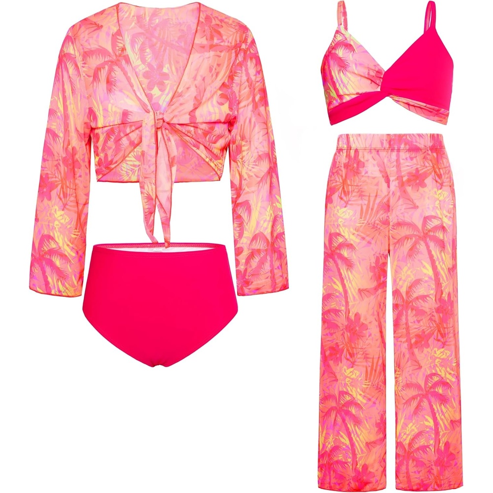 image:imageGRACE KARIN Girls 4 Piece Tankini Bikini Bathing Swimsuit with Pants 716Hot Pink