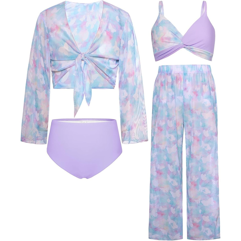 image:imageGRACE KARIN Girls 4 Piece Tankini Bikini Bathing Swimsuit with Pants 716Purplebutterfly
