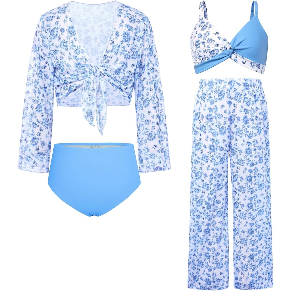 image:imageGRACE KARIN Girls 4 Piece Tankini Bikini Bathing Swimsuit with Pants 716Trendy White Blue Floral