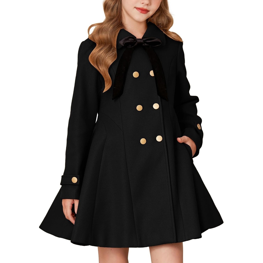 image:imageGRACE KARIN Girls Dress Coat Fall Winter Double Breasted Peacoat Bow PocketBlack