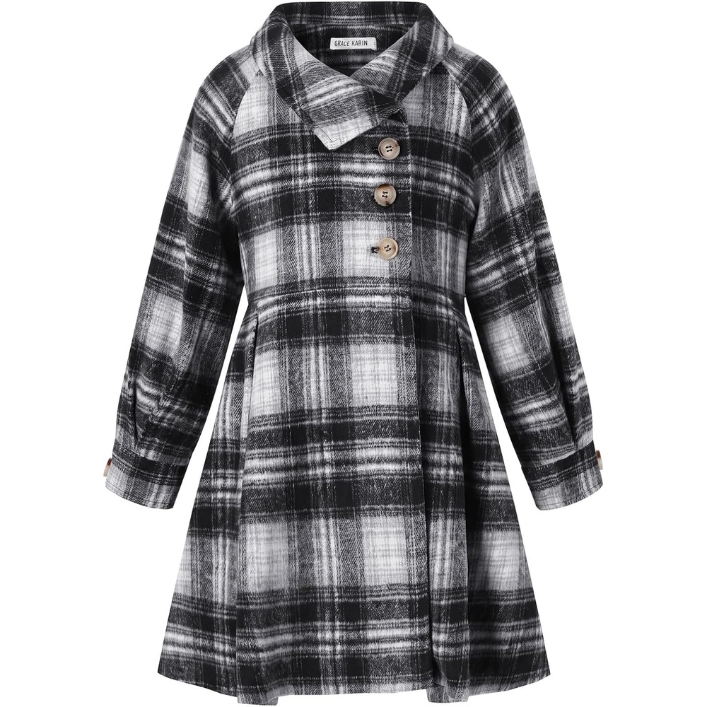 image:imageGRACE KARIN Girls Dress Coat Kids Wool Lapel Long Button Jackets Fall Winter Outerwear Peacoat with Pockets 512YBlack White Plaid