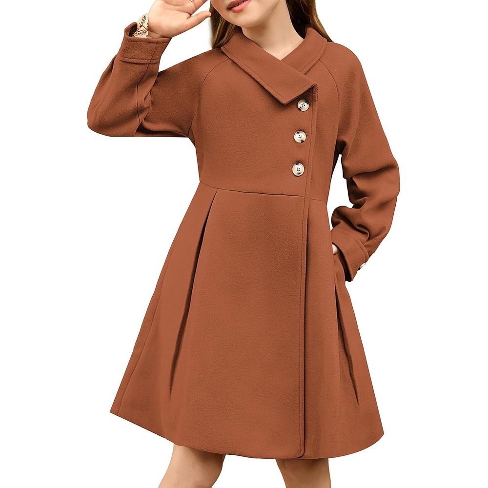 image:imageGRACE KARIN Girls Dress Coat Kids Wool Lapel Long Button Jackets Fall Winter Outerwear Peacoat with Pockets 512YCaramel