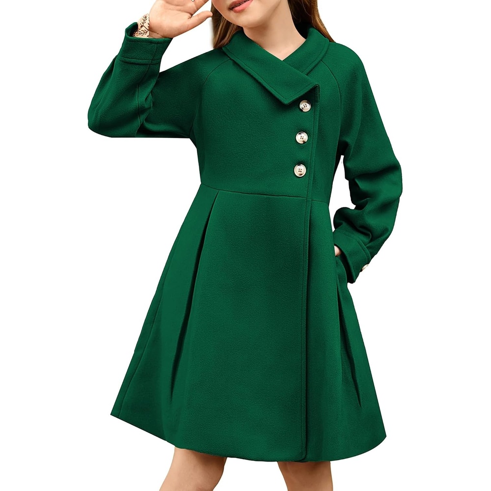 image:imageGRACE KARIN Girls Dress Coat Kids Wool Lapel Long Button Jackets Fall Winter Outerwear Peacoat with Pockets 512YDark Green