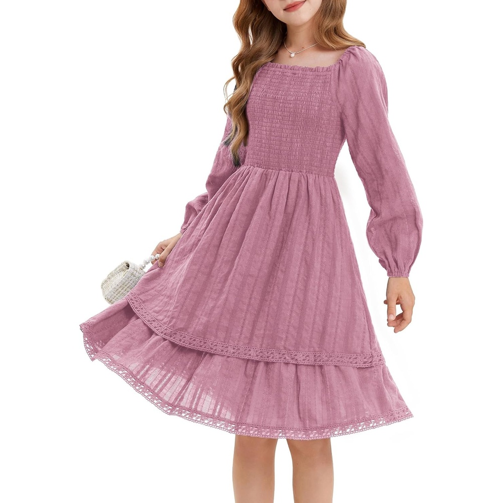 image:imageGRACE KARIN Girls Fall Cotton Dress Long Sleeve Smocked Dresses for 714YPink