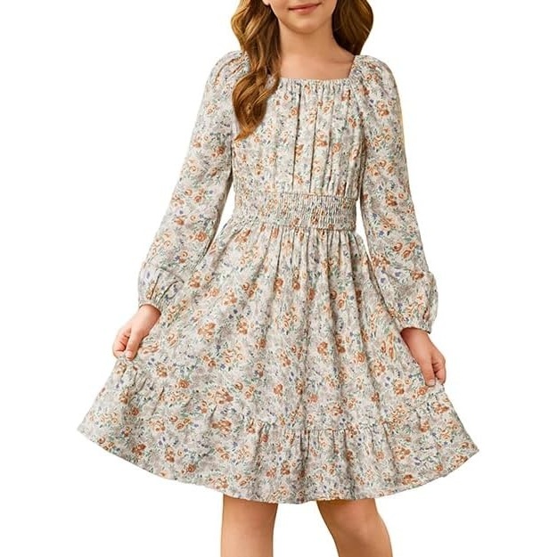 image:imageGRACE KARIN Girls Fall Dress Floral Long Sleeve Midi Smocked Waist HolidayApricot